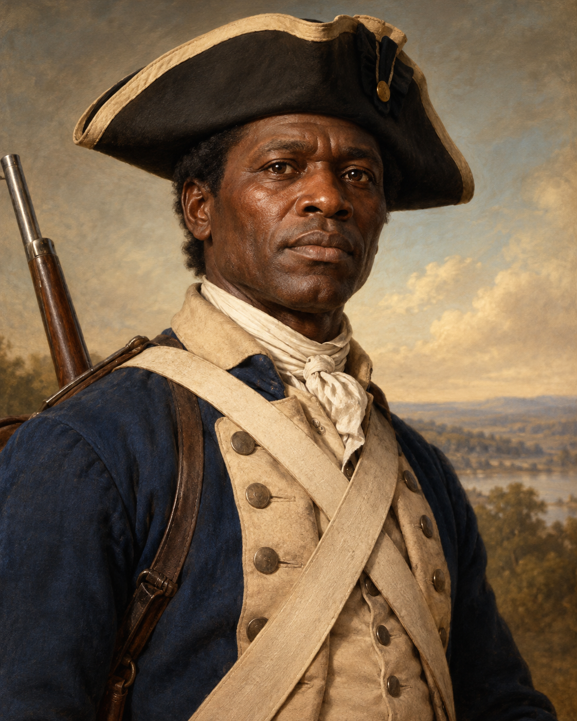 Historical artistic interpretation of Sharper Freeman, an African-born Revolutionary War soldier who gained freedom from slavery