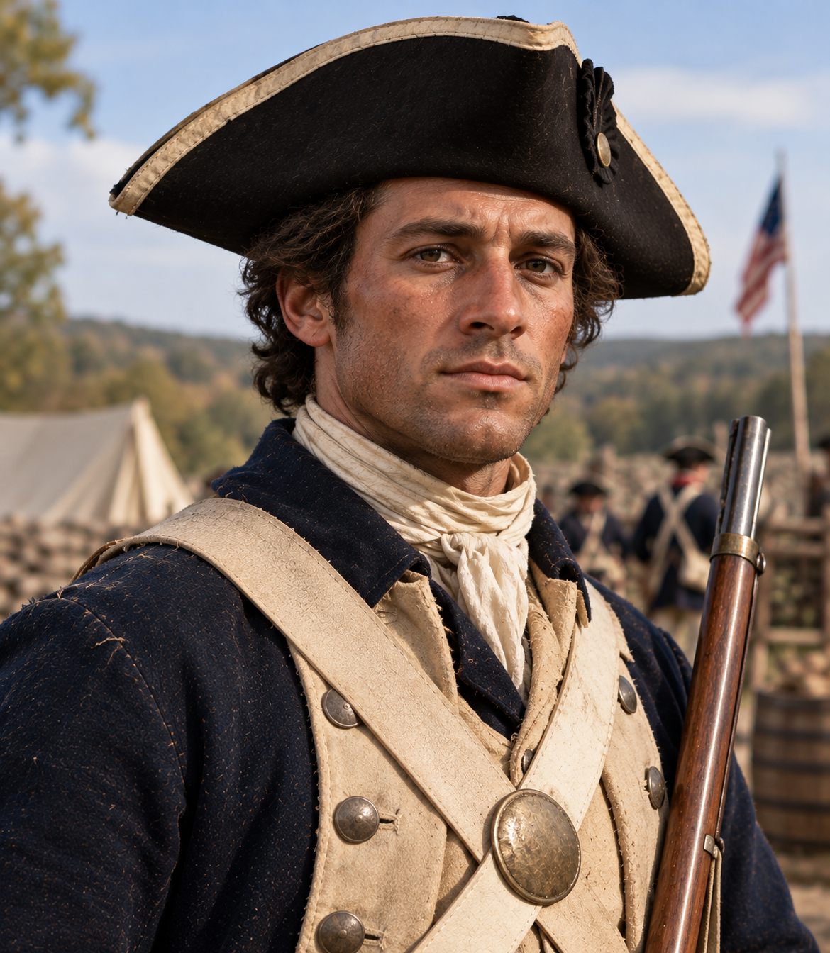 AI-generated historical illustration representing Ezra Harwood, a private in the Third Massachusetts Regiment