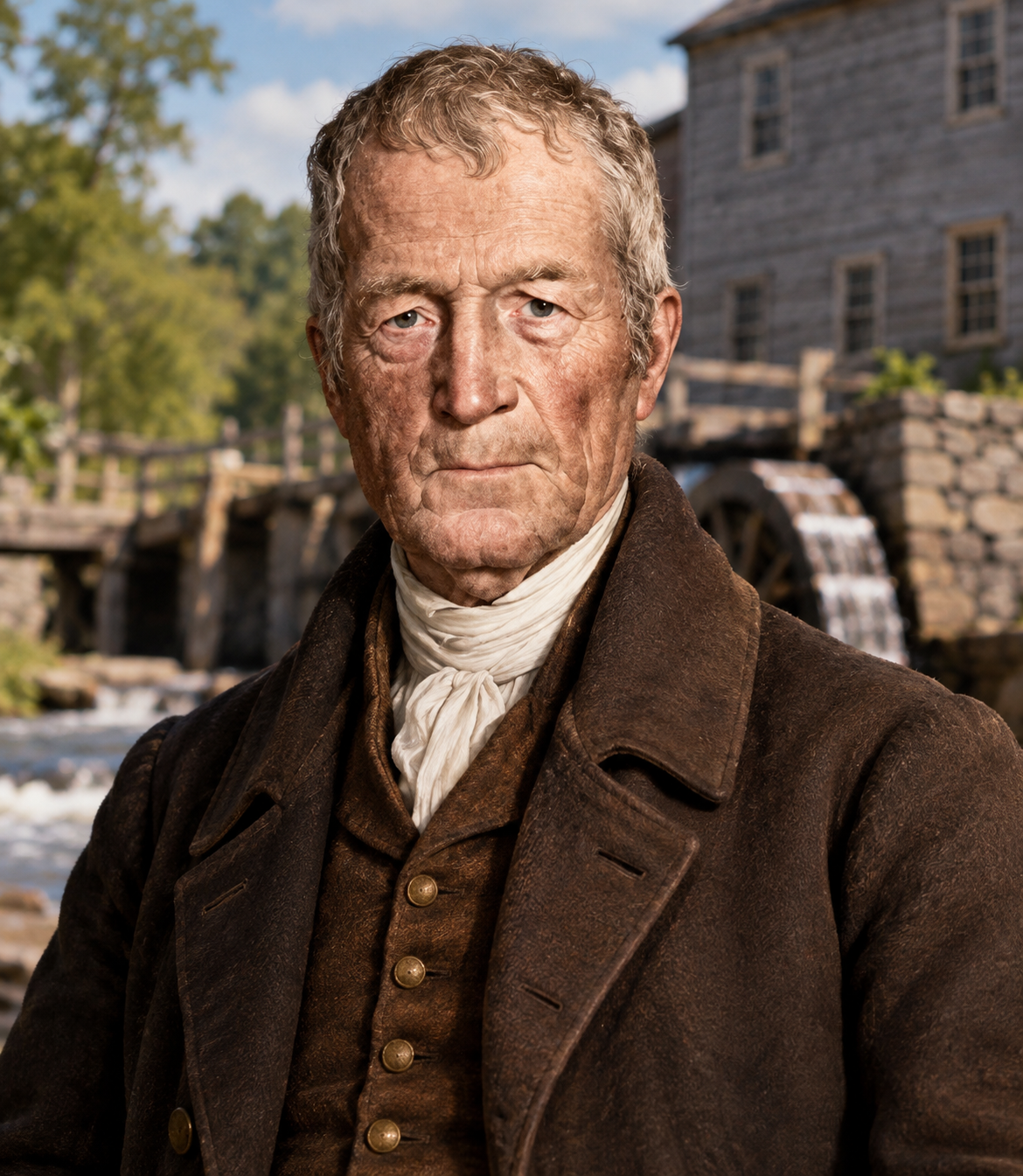 AI-generated historical interpretation of Gideon Foster as an elderly New England gentleman near a water-powered mill